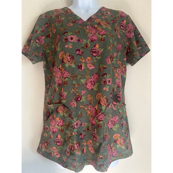 Woman's Dickies Scrub Top Size Medium Army Green W/ Pink Floral Pattern - Picture 1 of 9